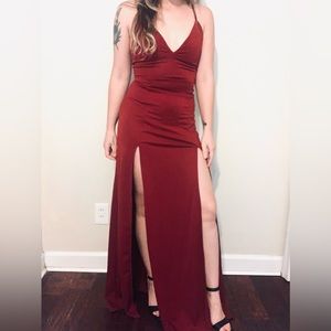 Floor length red double slit dress